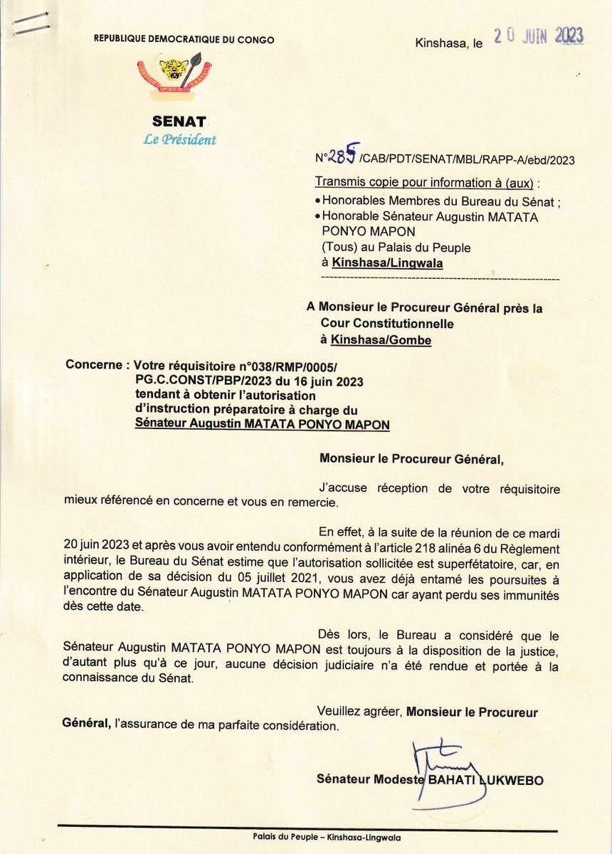 fanclublouisdor's tweet photo. #Sénat_rdc :  contrairement à ce que d'aucuns ont fait croire à l'opinion, voici la réponse du bureau du sénat au PG près la cour constitutionnelle concernant le sénateur Matata https://t.co/mxWl89VDwF