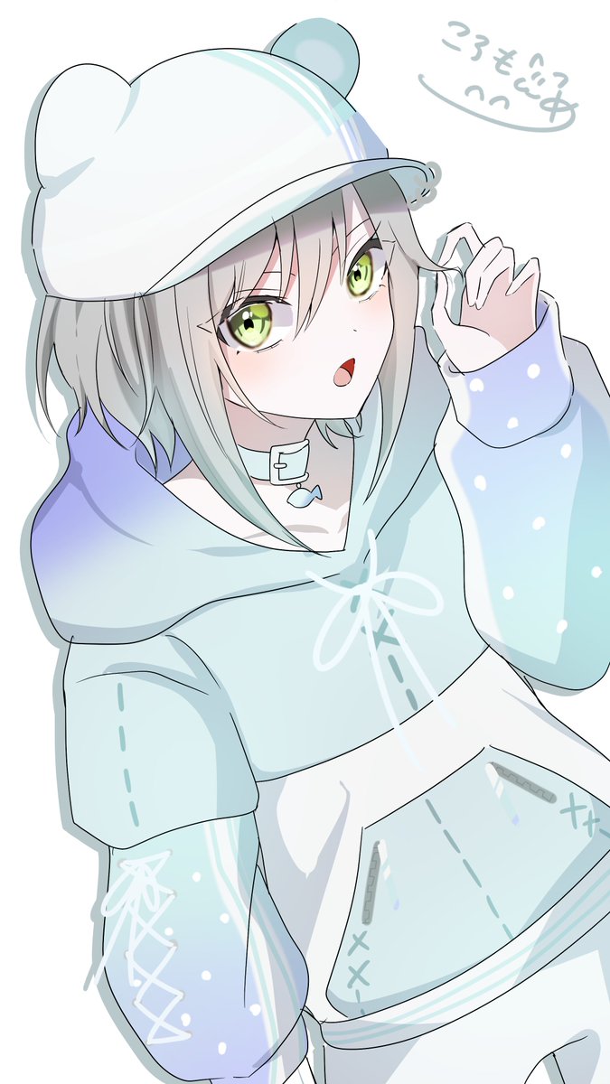 green eyes solo hood hat white background hoodie grey hair  illustration images