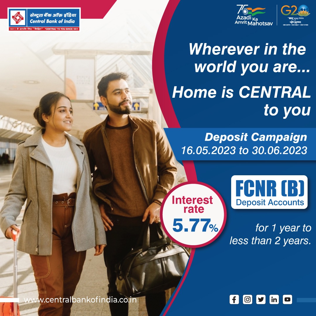 Wherever in the world you are...
Home is CENTRAL to you
Invest today in FCNR [B]
Deposit Accounts 

#AmritMahotsav
#AzadiKaAmritMahotsav
#CentralToYouSince1911