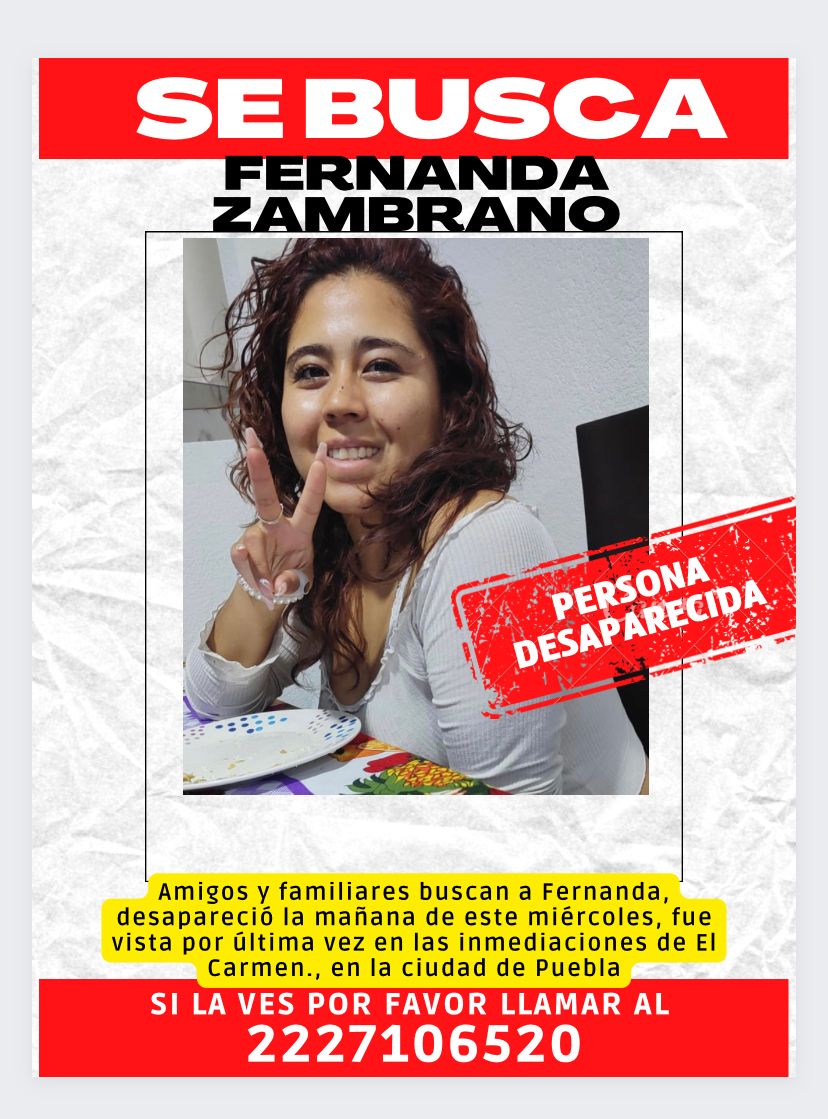 laredcincoradio's tweet photo. #ServicioSocial ⭕️ || Pedimos su apoyo para encontrar a Fernanda Zambrano, vista por última vez el día de hoy en la colonia El Carmen, #Puebla. Comunicarse al 2227106520. #LaRedCincoRadio https://t.co/ckiNvkUUOZ