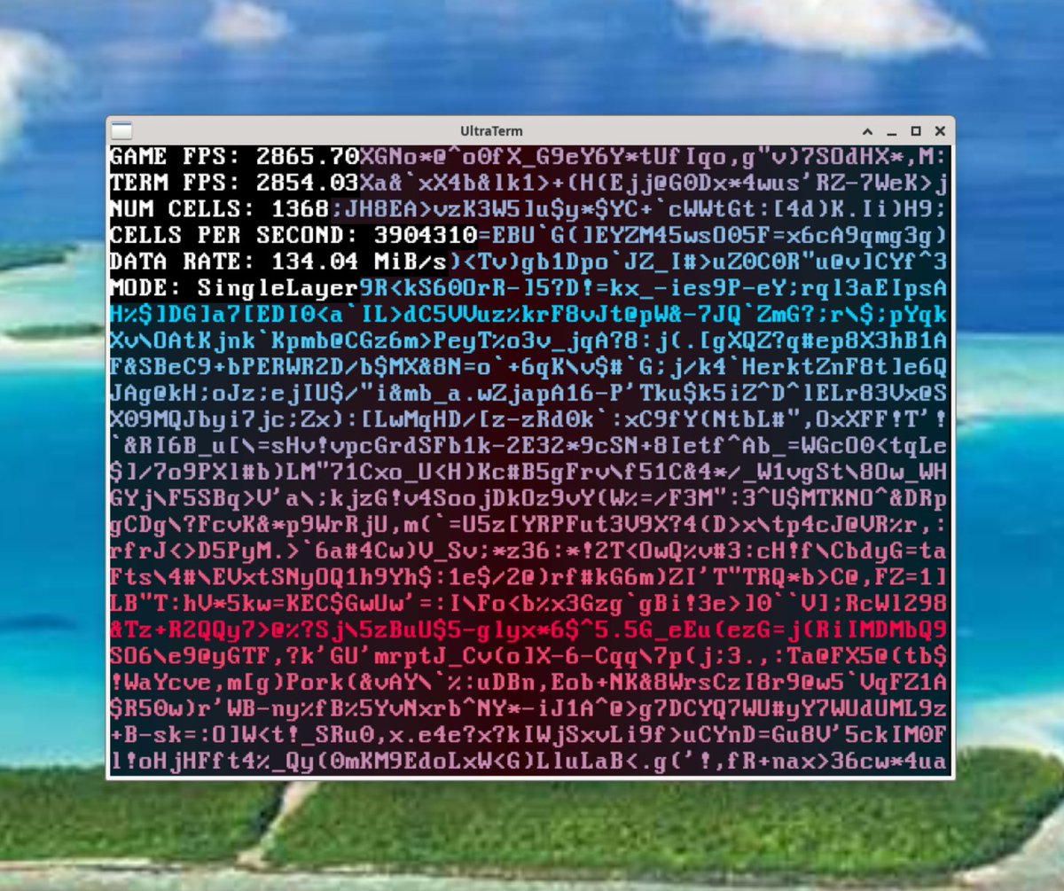 UltraTerm's tweet photo. my terminal emulator #ultraterm running natively on #linux for the first time!

~2800 frames per second w/ 3080ti

all ultraterm native applets seem to be running correctly

just need to write some code for launching linux console programs https://t.co/dujSTy6pYJ