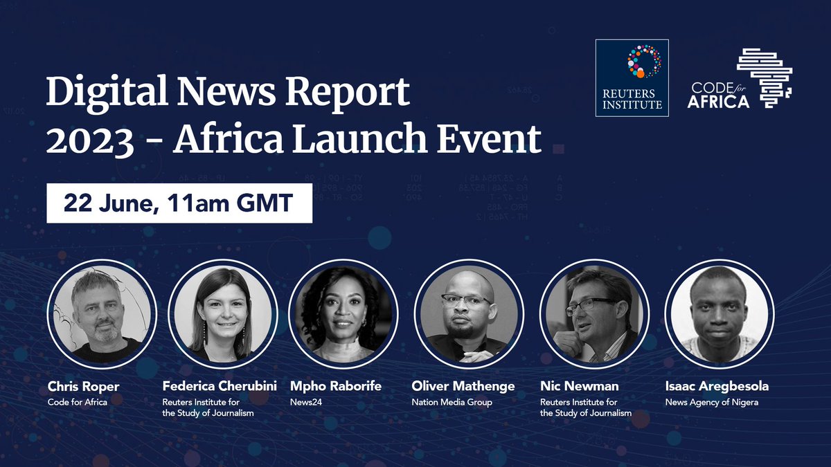 Learn more about the state of digital news at  the <a href="/risj_oxford/">Reuters Institute</a> #DNR23 Africa launch with <a href="/nicnewman/">nicnewman</a>, @chrisroper, <a href="/aregbe9/">Isaac Aregbesola</a>, <a href="/MsRaborife/">Mpho Raborife</a>, <a href="/fedecherubini/">Federica Cherubini</a> and yours truly. 

⏰ Today at 11 am GMT

✍️ Sign up: bit.ly/3CiJHXC