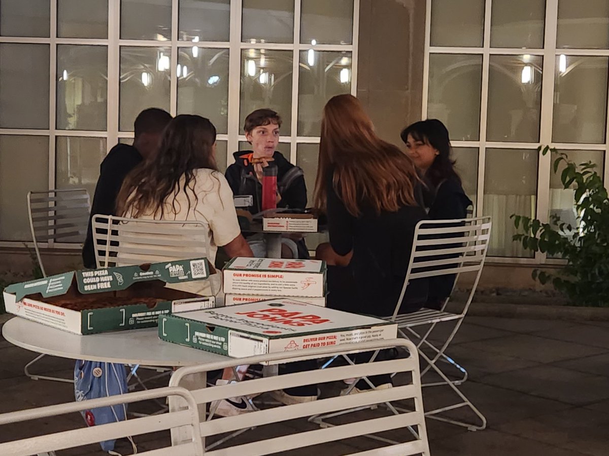 ANTIGONE IN MUNICH was a riveting drama based on the true story of Sophie Scholl and The White Rose Society. Great, moving performances. And the crew was STARVING after the show. So we're having an outdoor pizza & wings party!! It's been a very good day. #troupe89327 #itf2023