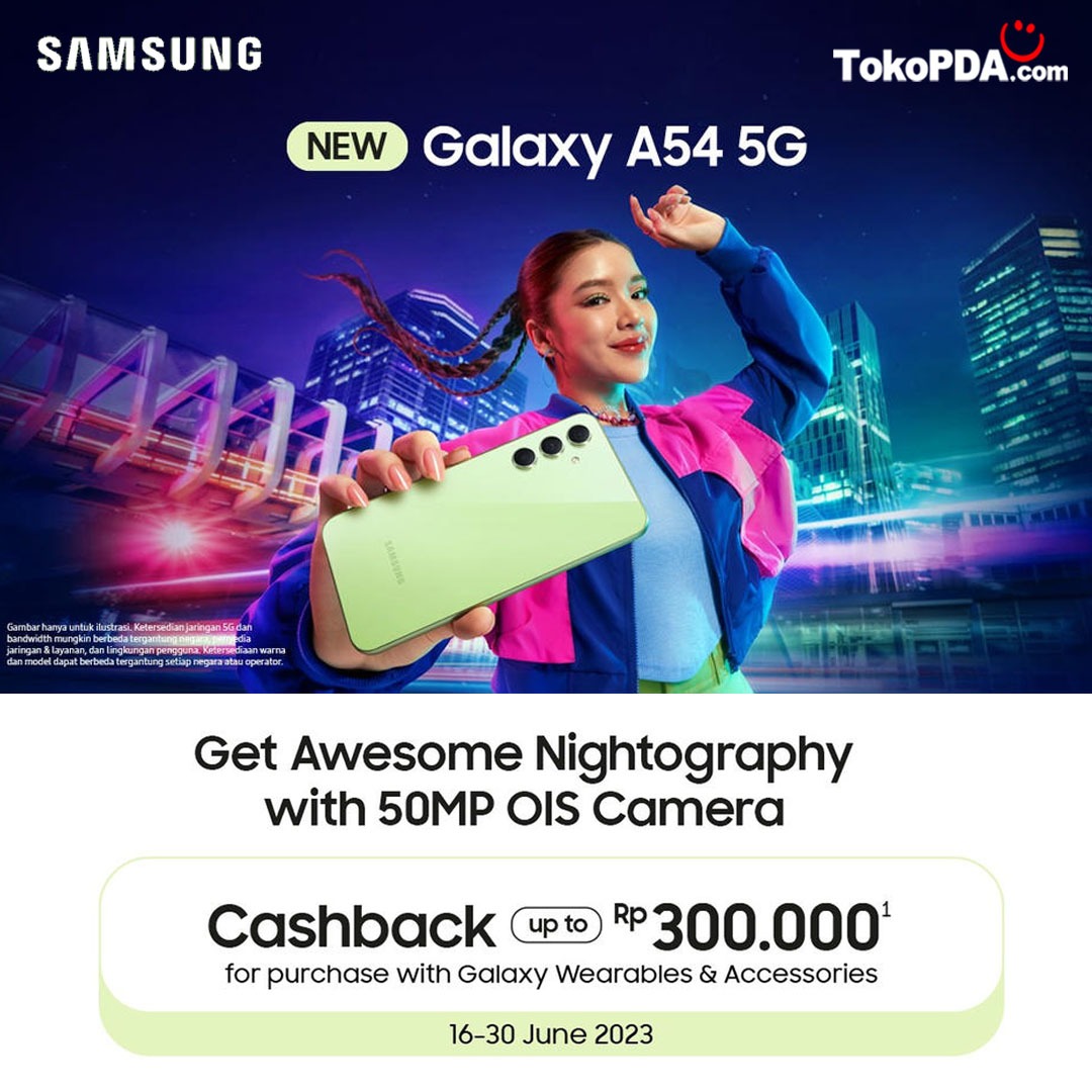 InfoTokoPDAcom's tweet photo. Jelajahi malam yang luar biasa dengan Galaxy A54 5G dan jepretan fotografi malam yang mengagumkan dengan kamera 50MP OIS! 🌃✨

Nikmati cashback hingga 300rb untuk setiap pembelian Galaxy Wearable &amp; Aksesoris Samsung!

Promo berlaku mulai tanggal 16 - 30 Juni 2023.
#samsung https://t.co/0zV6so6Fzp
