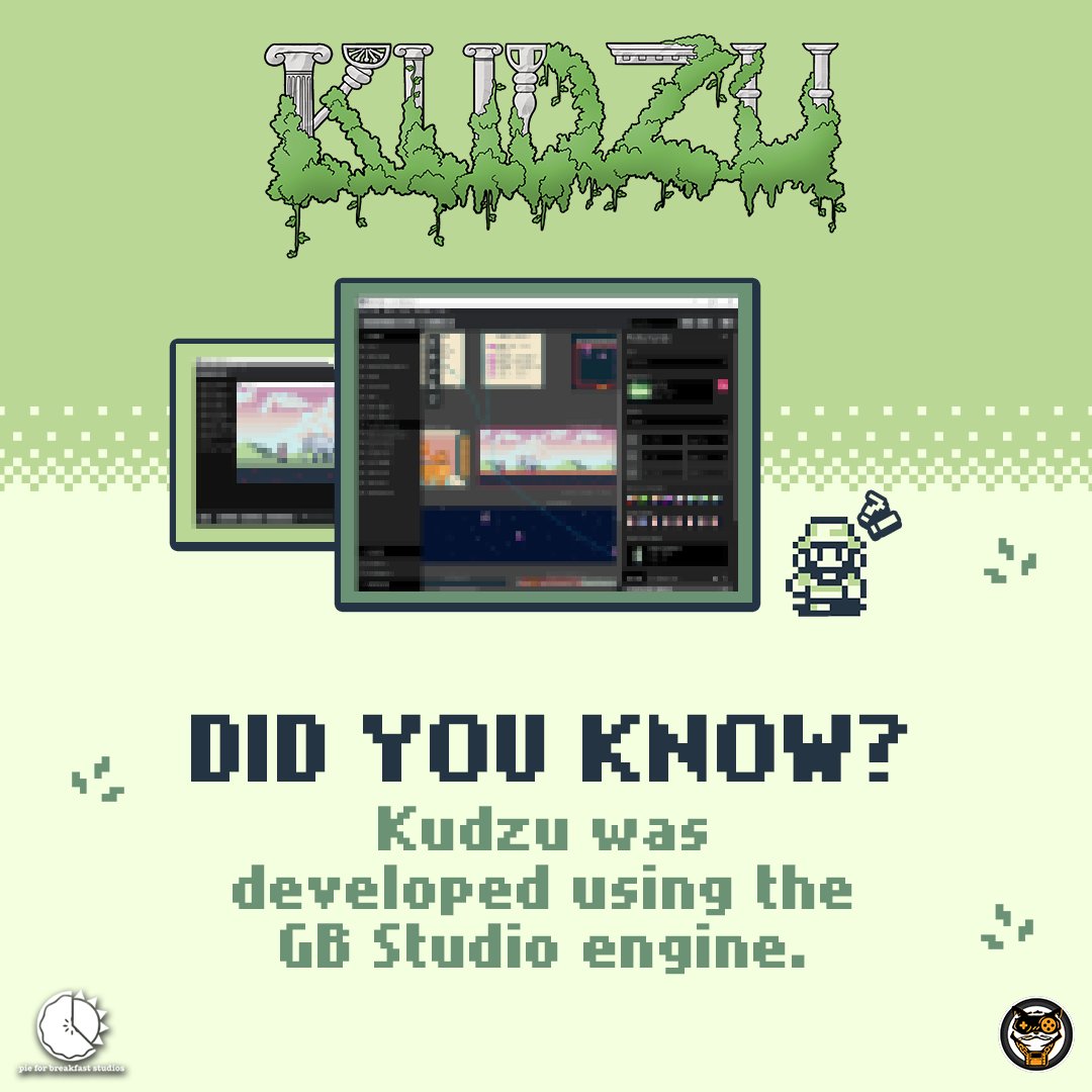 Fun Fact Alert: #Kudzu's retro goodness was brought to life using the GB Studio engine! 🎮

Back the game on #Kickstarter: bit.ly/3OEKTfu 🍃 <a href="/Totter87/">TAREN OTTER</a> <a href="/PFBStudios/">Pie for Breakfast Studios</a> <a href="/WeAre8BitLegit/">8-Bit Legit is proud to bring you Kudzu!</a>