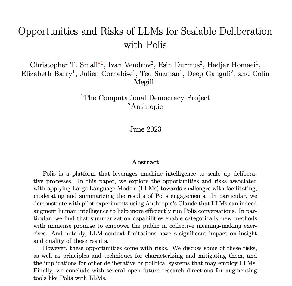 Opportunities and Risks of LLMs for Scalable Deliberation with Polis paper page: huggingface.co/papers/2306.11… Polis is a platform that leverages machine intelligence to scale up deliberative processes. In this paper, we explore the opportunities and risks associated with applying…