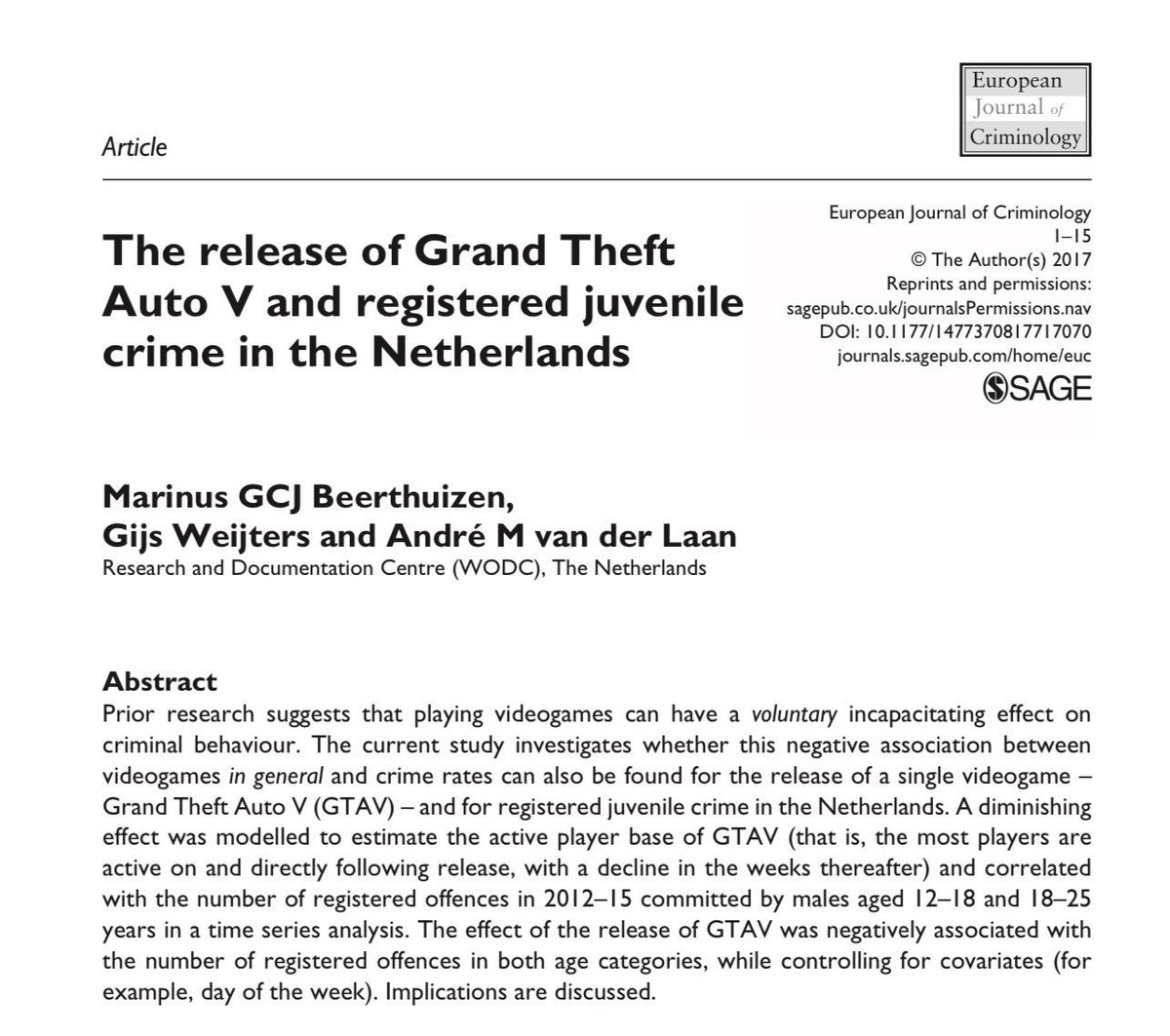 emollick's tweet image. It gets better: Grand Theft Auto games lower crime rates

When a GTA game is released, violence &amp;amp; crime actually drop, as potential criminals stay inside to play (This applies to other big shooters, too, so the yearly CoD releases are actually good for the world, sorry to say).