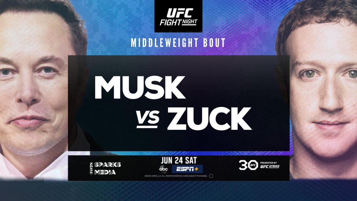 🤜 CHOOSE YOUR FIGHTER 🤛 

Who: Musk vs Zuck
Where: Vegas Octagon
Date: TBD