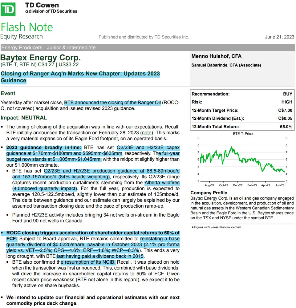 TD on Baytex Energy

'Closing of Ranger Acq'n Marks New Chapter; Updates 2023 Guidance'

#COM #OOTT $BTE.TO