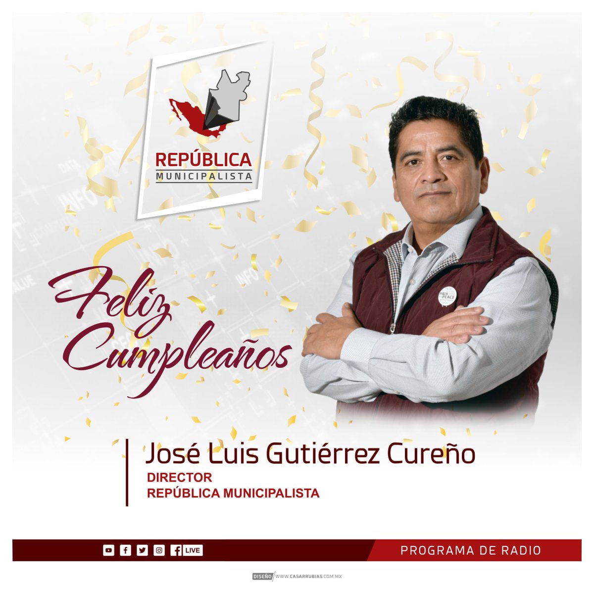 RepMunicipal's tweet photo. Todo el equipo de @RepMunicipal extiende una afectuosa felicitación y los mejores deseos en este día tan especial al Ing. @joseluisgcureno con motivo de su cumpleaños. Salud, amor y éxito en su vida. 
.
#RepúblicaMunicipalista https://t.co/ih47KR8Szg