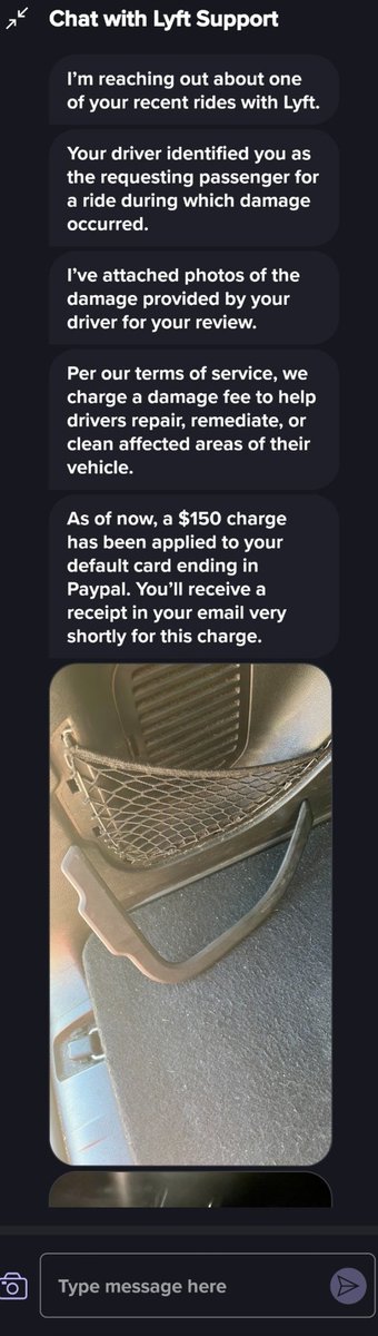 Keeneire's tweet photo. @lyft ABSOLUTE THEFT! My ride was canceled and redirected to another driver. The first driver has claimed I damaged their car and fined me $150! For something I didn't do! Their customer service told me too bad, so sad, this is their policy. https://t.co/B9hWBEPpb7