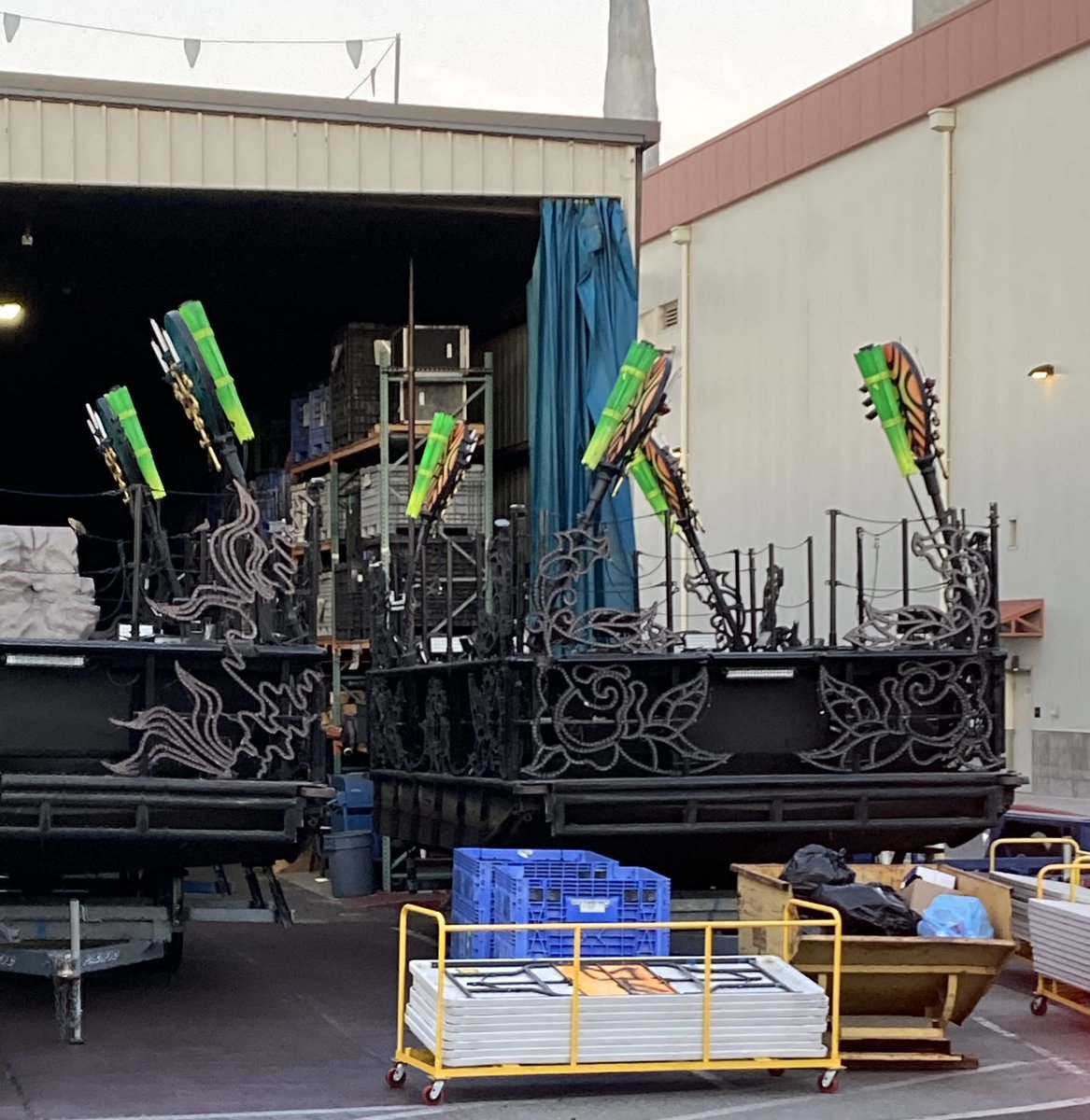 MagicAndWalnut's tweet image. Signs of work on @Disneyland’s Fantasmic! The princess barges have been dry-docked and moved to a backstage warehouse behind Star Wars: Galaxy’s Edge. Perhaps we’ll get some show enhancements during this unscheduled downtime?