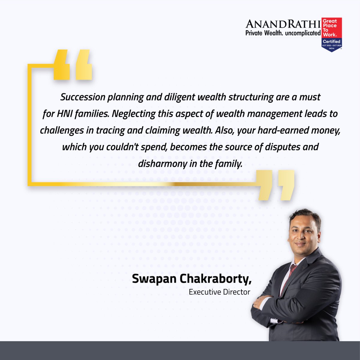 Our Executive Director, Swapan Chakraborty (@cswapan), shares his thoughts on the importance of succession planning and wealth structuring for high-net-worth families.

Know more: anandrathiwealth.in/landing

#mathematicalrevolution #Anandrathiwealth #uncomplicated #makeithappen…