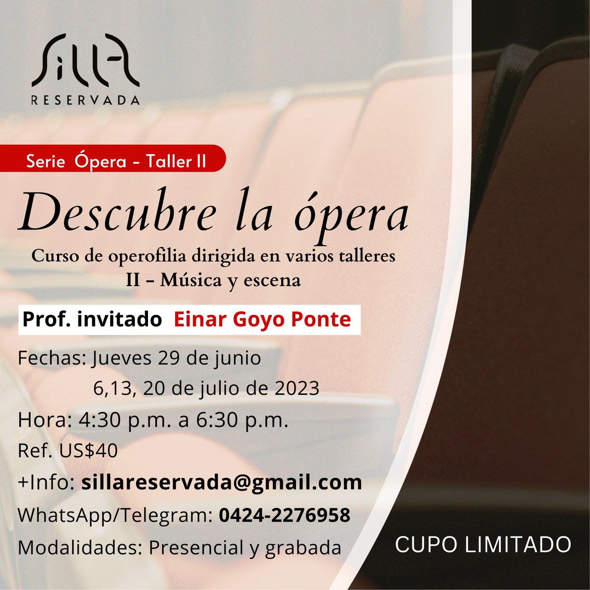 El jueves 29 de junio continuará  nuestro ciclo de ópera con el profesor Einar Goyo Ponte <a href="/altoynitido/">Einar Goyo Ponte</a> .
Disfruta de una experiencia musical en un grato ambiente de amigos musicales ¡Acompáñanos!
