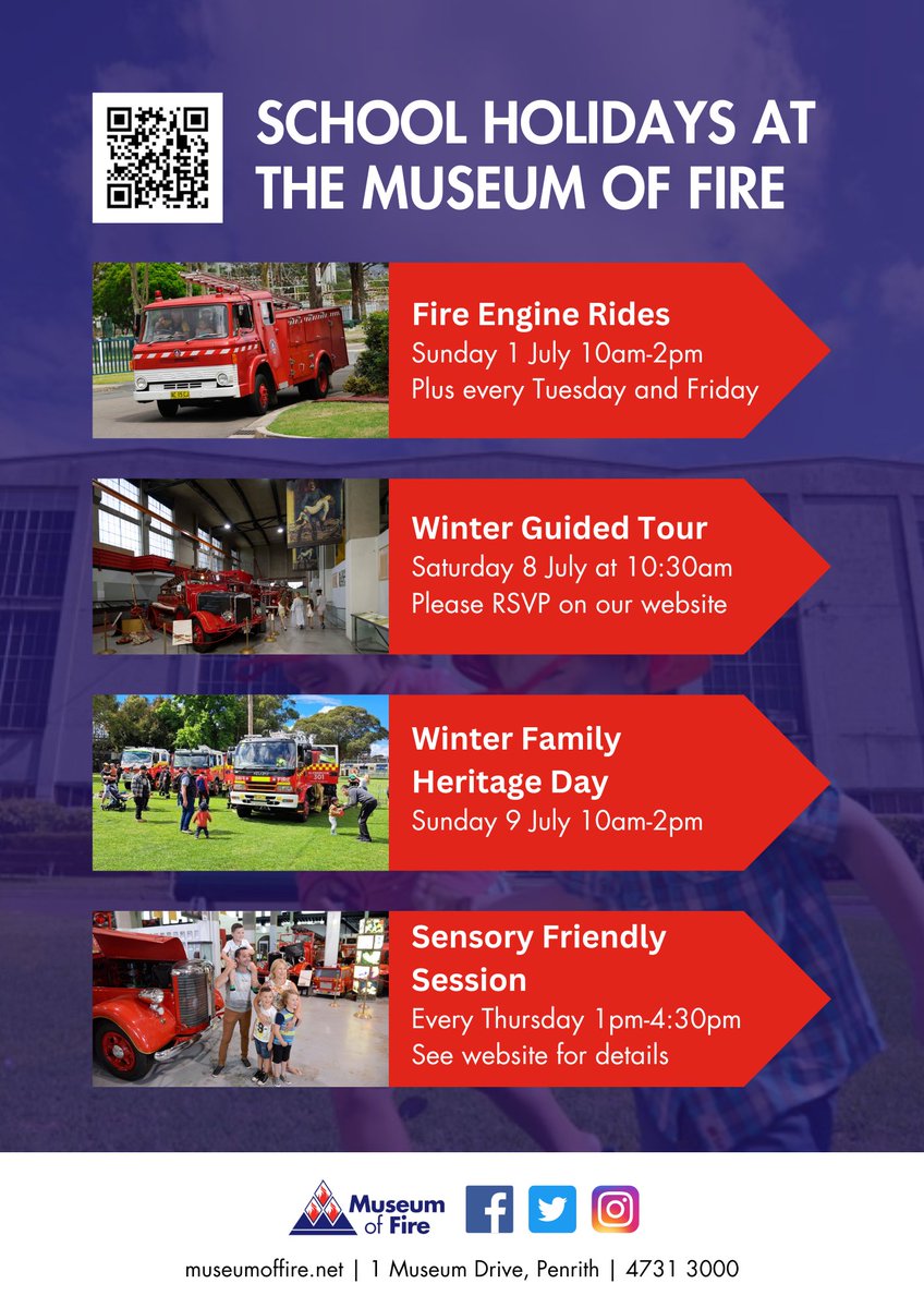 MoF_Sydney's tweet photo. School Holidays starts at the Museum of Fire! 🚒

There is so much to do at the Museum between our Fire Engine Rides in our vintage 1968 fire engine, our Winter Guided Tour and our Winter Family Heritage Day.

Plan your visit today!

#VisitPenrith #VisitSydney #VisitNSW #FRNSW https://t.co/Z9xEs0XjEX