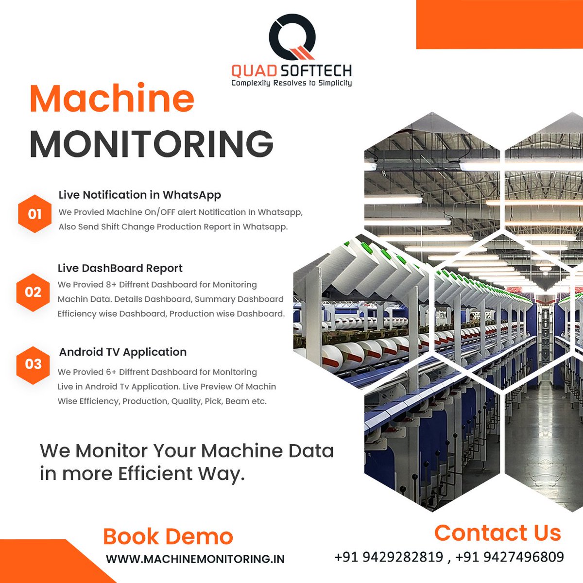 Machine monitoring system. It helps to increase your machine's efficiency and production using our Quad MMS.

#QuadSoftTech #MMS #MachineMonitoring #TextileMonitoring #IndustrialIoT #MMSMachineMonitoringSystem #MachineMonitoringSystemsLTD #Surat #Gujarat #India
