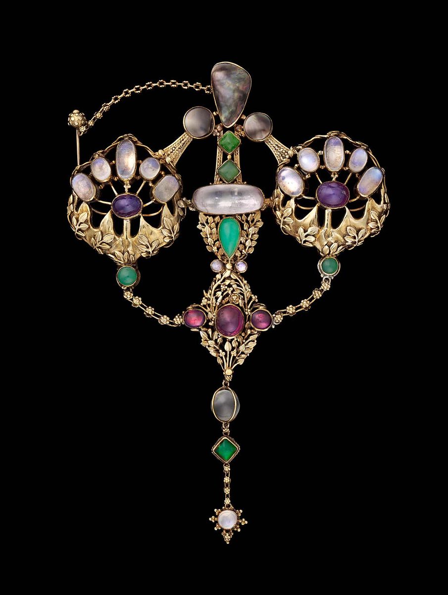 John Paul Cooper (English, 1869–1933)

Brooch, 1908.

Gold (15 kt), Abalone, tourmaline, moonstone, pearl, amethyst, and chrysoprase, jade (?).
© @mfaboston #ArtsAndCrafts 

collections.mfa.org/objects/495555…