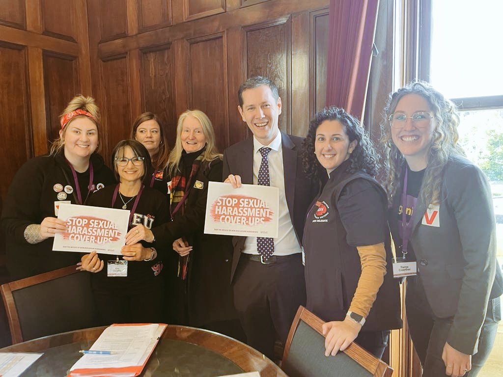 VicUnions_Women's tweet photo. Compensation isn’t hush money – but employers are treating it like it is. Great meetings with MPs about banning corporate cover-ups of workplace harassment. #endNDAs https://t.co/7JkIDla0aM