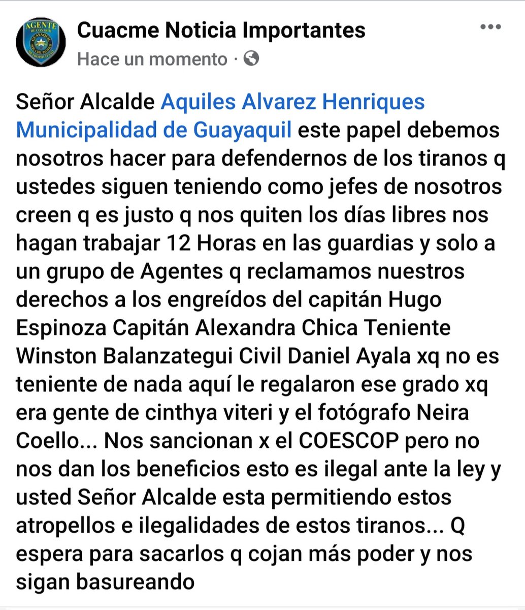 CuacmeNoticias's tweet photo. Señor @aquilesalvarez @alcaldiagye pongan atención no más abusos en la Agencia de Control Metropolitana.. Exigimos una visita suya al cuartel converse con las compañías sin q estén esos jefes.. Se dará cuenta de la realidad https://t.co/r320qgf33I