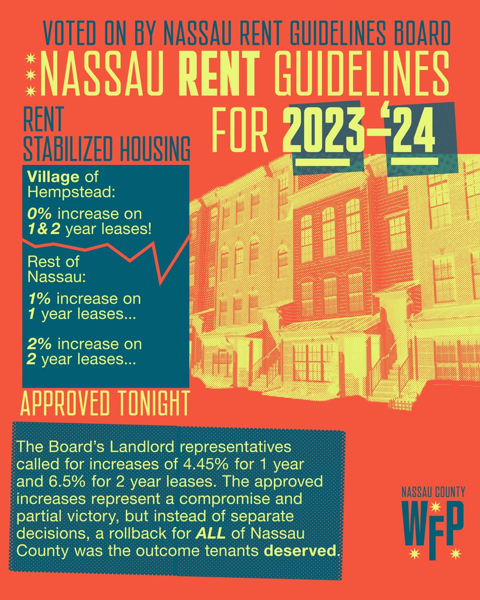 Nassau County Rent Guidelines Board voted tonight. 

For #RentStabilized Apartments in the Village of Hempstead: 0% increases on 1 and 2 year leases. For the rest of Nassau County, increases of 1% for 1 year leases and 2% for 2 year leases were approved.