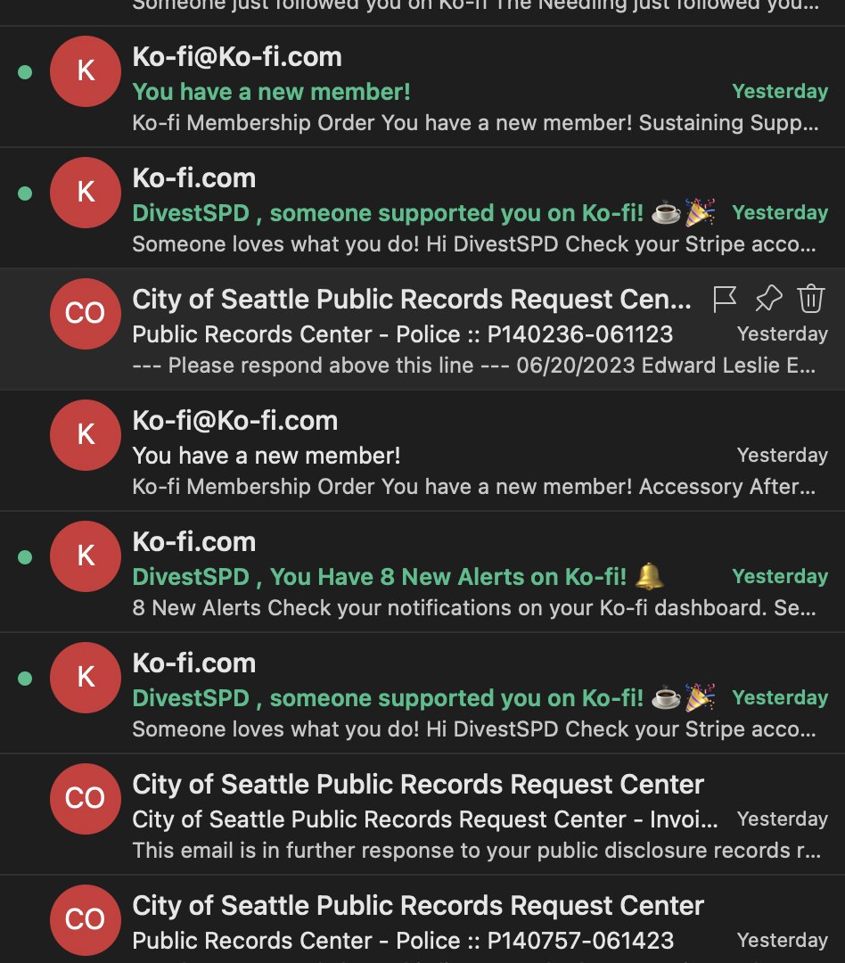 Thanks to everyone who donated after DivestSPD was attacked by every right-wing goblin in this fair city.

We've got more than 100 public records requests pending, and a lot of great stuff on the way including deep dives into the K9 unit and SPD overtime. Stay tuned!