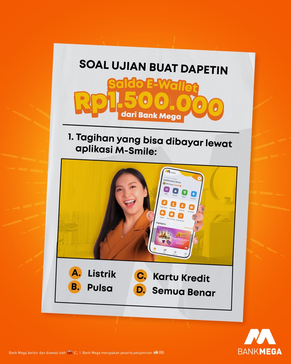 BankMegaID's tweet photo. 💸BAGI-BAGI SALDO E-WALLET TOTAL RP1,5JT!💸

Caranya gini:
1.  Follow @bankmegaid
2. RT &amp; Like tweet ini 
3. Jawab soal ujian di gambar ini👇

Jangan lupa pakein hashtag #MSmile! 
3 pemenang bakal dapet masing-masing saldo OVO 500rb~

Aku tunggu sampai 26 Juni 2023.
SIKAAAAT‼️ https://t.co/b3VwdKEi8r