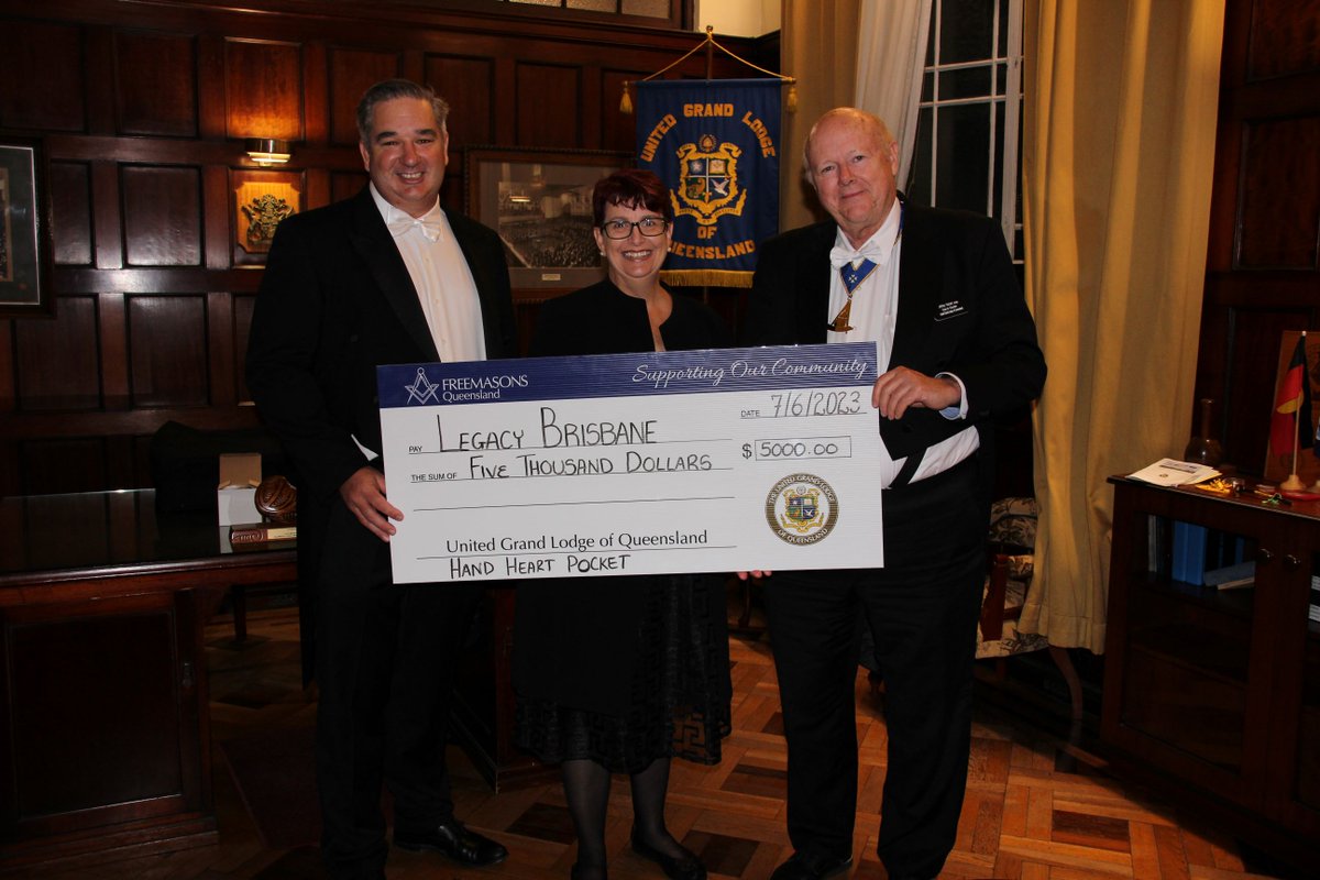 This is a photo at Freemasons Queensland of Grand Master MW Bro Jeffrey Harper AFSM, Sally Gardner Legacy Brisbane and Chair of Hand Heart Pocket RW Bro Alasdair Begley. Legacy Brisbane are very grateful for the generous support and we look forward to an ongoing association.