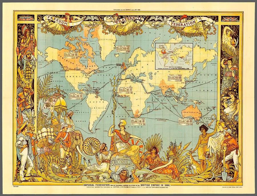 Map of the British Empire, 1886

'At its height, it was the largest Empire in history. By 1913 the British Empire covered 35.5 million sq km or 13.7 million sq mi (24 percent of the planets’ total land area). In 1920, the Empire’s population was over 413 million people 23% of pop