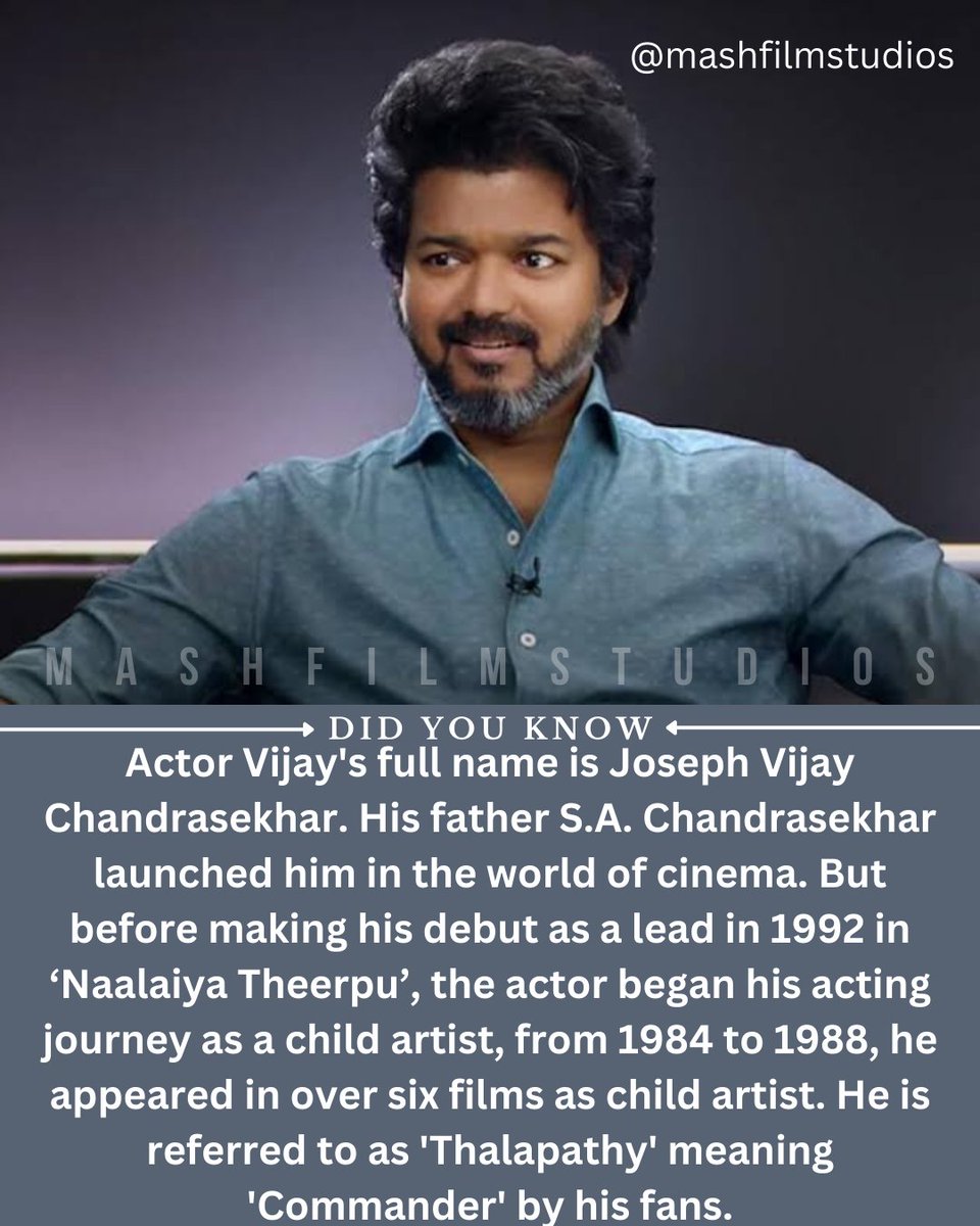 Happy birthday @actorvijay 

For interesting facts about Indian cinema. 
Do follow us @mashfilmstudios 
#thalapathy #vijay #commander #naalaiyatheerpu #childartist #actor #bodyguard #holiday #leo #happybirthday #mashfilmstudios