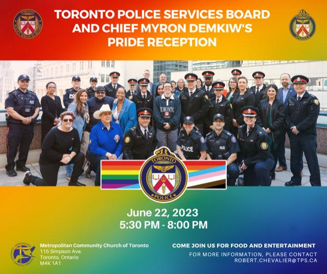 BoydKodak's tweet image. Come join TPS and the TPS Gender Diversity Inclusion Group celebrate Pride at 
MCC -115 Simpson Ave on Thursday, June 22, 2023, 5:30-8:00 pm. 
Enjoy food and entertainment!
Come meet some of the finest officers that will assist you,
and treat with respect when needed.