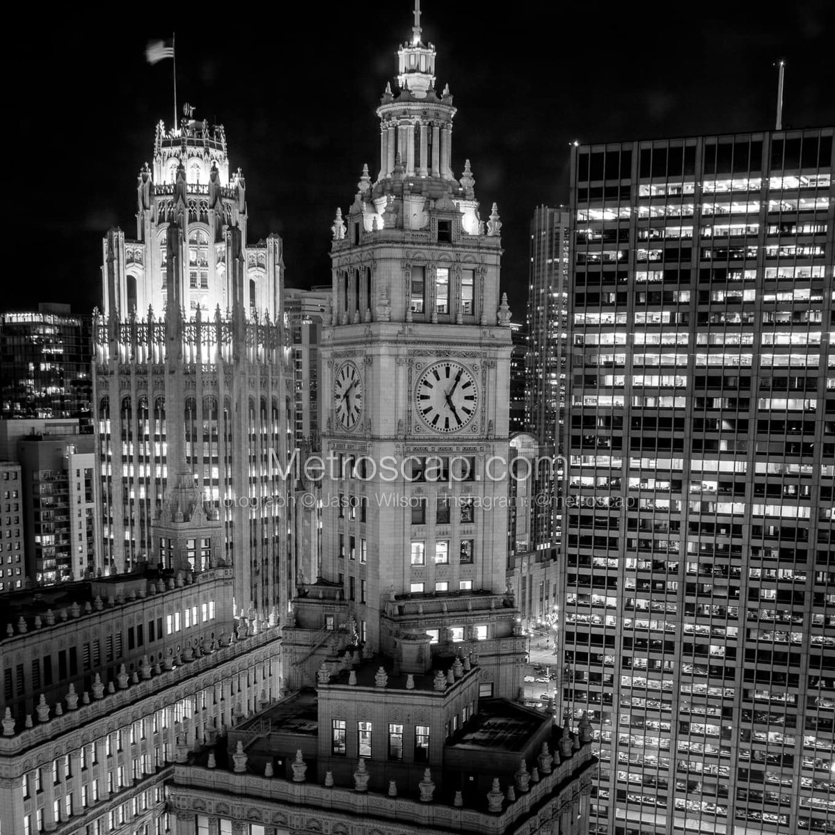 Chicago images Black & White: The Wrigley Building Clock Face at Night #chicago #windycity #chitown #lakeMichigan #navyPier #312 #BlackWhite | metroscap.com/vintage-chicag…