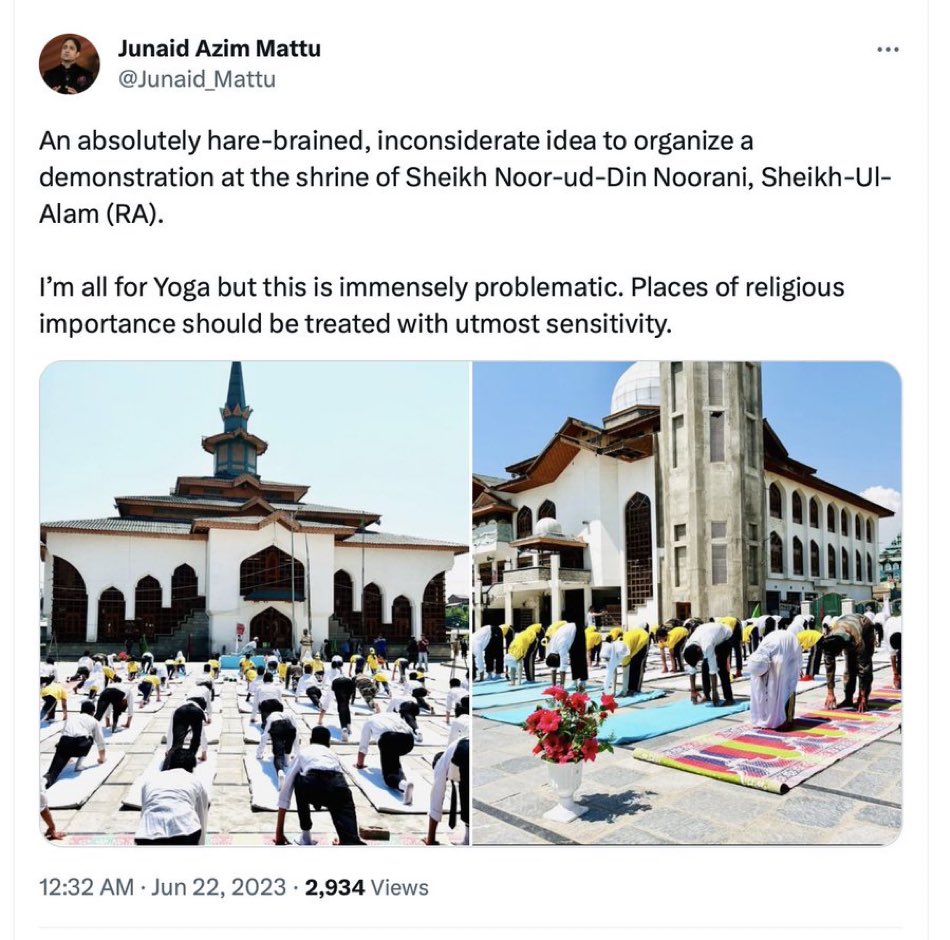 🚨🚨 
Anyone who has studied & knows ☪️ 
!$|am will understand the significance of this. 

📌Yoga in an !$|am!c place is HUGE!

No wonder these reactions from so-called ☪️ MODERATES of Kashmir.
#YogaDay #YogaforHumanity #IslamOTruthia