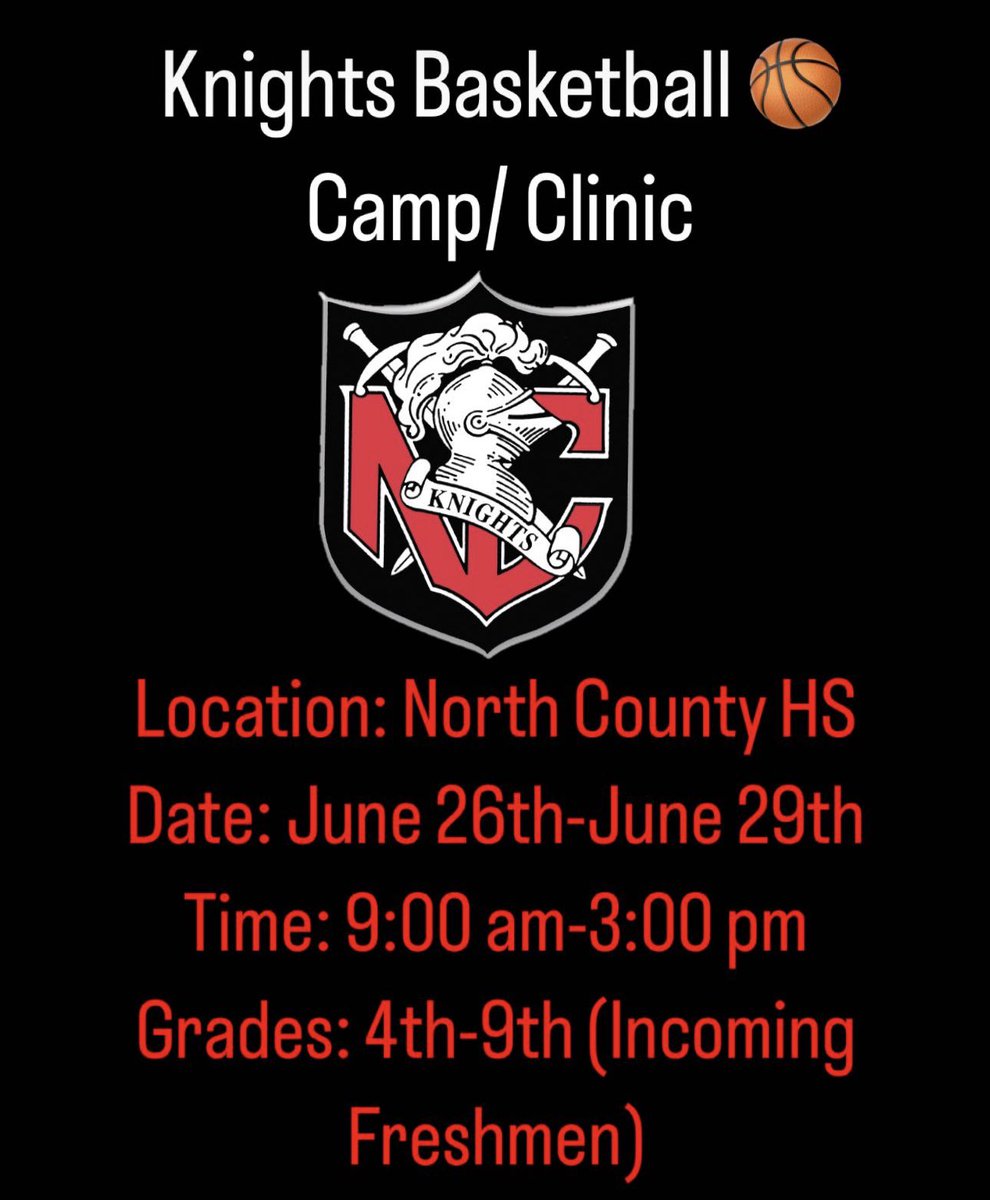 FREE BASKETBALL CLINIC/CAMP At North County HS. The North County Basketball Staff Will Be Providing FREE Basketball Instruction To Enhance Basketball Skills To Eager Learners. First Time Hoopers Are Welcome!! Click The Link Below To Sign Up!

forms.gle/n42XKWfNzhYtBT…