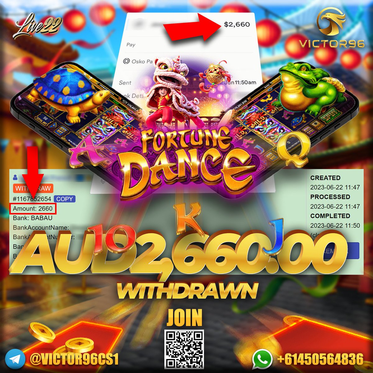 Congratulation to our VICTOR96 WINNER
🎰PLATFORM : LIVE22
🎰GAME : Fortune Dance
💰DEPOSIT : AUD50.00
💸WITHDRAW : AUD2,660
🧧BET : 2.00
💵Register Link : victor96.com/RFWINVICTOR
#Australia #Sydney #Perth #Melbourne #Brisbane #OnlineCasino #slotgames #AusOpen #auspol #Origin #tbt