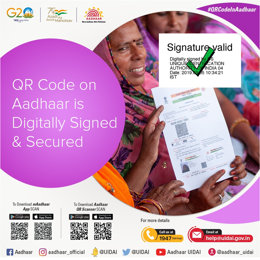 UIDAILucknow's tweet photo. #VerifyAadhaarBeforeUsage 
QR Code on all forms of #Aadhaar is digitally signed and secured.  Any Aadhaar can be verified using the QR code available on all forms of Aadhaar using #mAadhaarApp or Aadhaar QR code Scanner. https://t.co/2tfvOukdYc