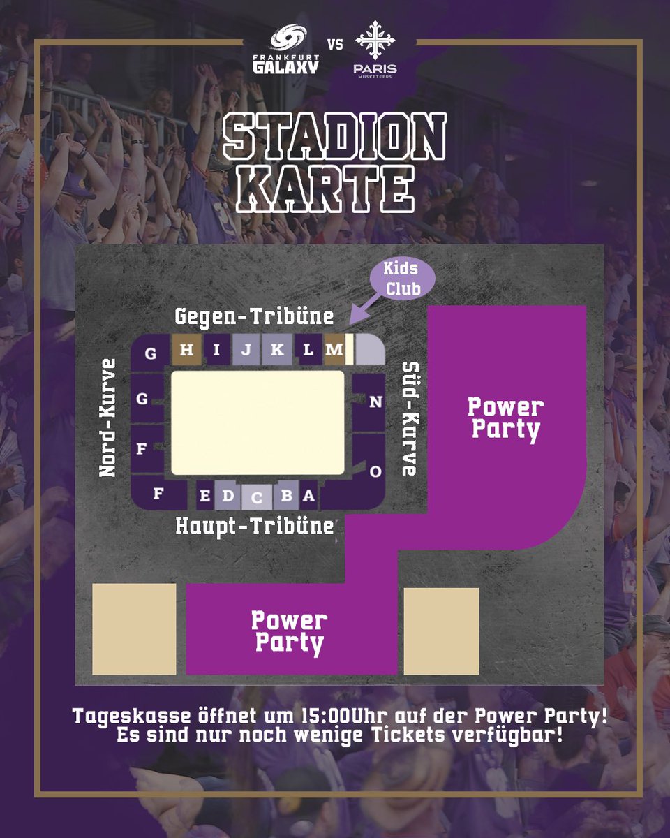 The time has finally come! 🔥💜
We are happy to have you back in Purple Hell!
On Saturday we start with our home opener against the Paris Musketeers! We have prepared a lot for you and are looking forward to an unforgettable day! 👏🏻

#FrankfurtGalaxy #PurpleFamily