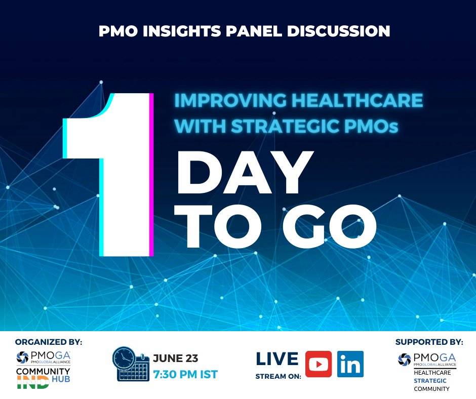 Lock in the date June 23, 2023 and time 7:30 PM IST to catch the panel discussion on 
#LinkedInLive [lnkd.in/d4VueUMP] and #YouTube [lnkd.in/d3jt_3Cw] 

where PMO, Healthcare, and AI converge to shape the future of the industry.

Hurry up! Only 1 day to go! See you