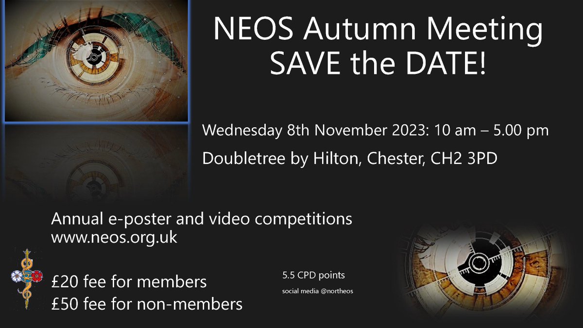 Join us for the NEOS Autumn meeting in Chester. Registration open now. Annual eposter and video competitions at the meeting and abstract submission details at neos.org.uk
neosautumn.eventbrite.com