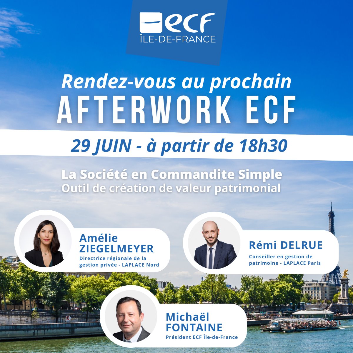 🚨 💥🍹Michael Fontaine, président d'ECF IDF vous convie à son prochain #Afterwork le  🗓  29 juin  sur la thématique suivante: "La Société en Commandite Simple".
&gt;&gt; Au programme : une conférence 🎤 animée par
@Laplace_Groupe suivie d'un cocktail 🍹
🔗👉 lnkd.in/eBfbajPj