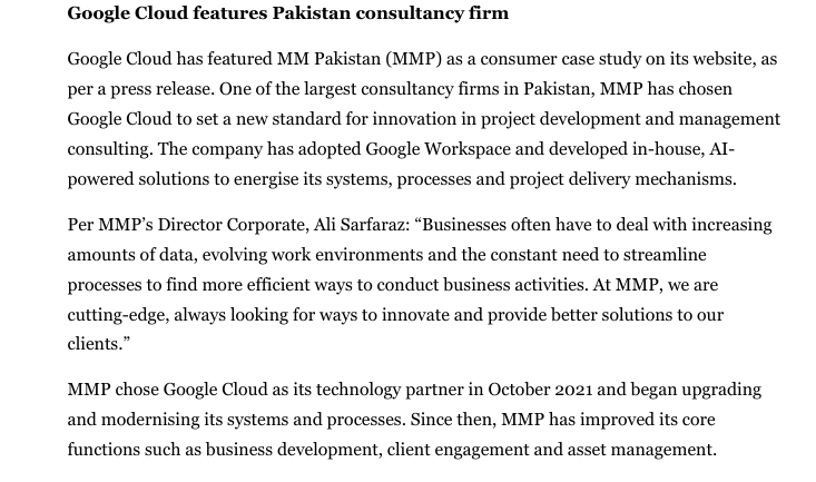 MMPglobal's tweet photo. #Dawn has also covered MMP's remarkable customer success story on #Google's website!

You can read the customer story here: https://t.co/2WCSLAwijQ

And @dawn_news article here: https://t.co/wbPu0fbN0x

#technology #innovation #projectmanagement #Consultancy #Pakistan https://t.co/3ECchBkxuB