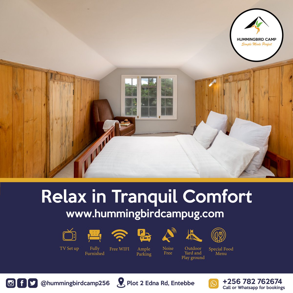A perfectly arranged space to relax and enjoy some peace and quiet. You need it.For bookings, contact us on +256 782762674 or check us out on booking.com link:
 booking.com/Share-f075twC

#HummingbirdCamp#VacationHome #RentalHomes #Entebbe #Uganda
