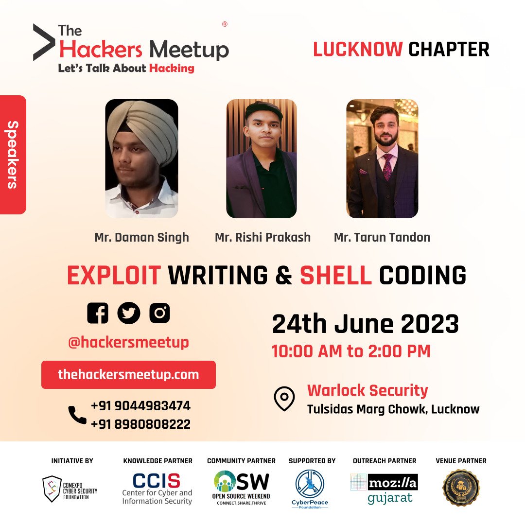 Hackers_Meetup's tweet image. "The Hackers Meetup" Lucknow, Application Security special edition,
Date: 24/06/2023
Time: 10.00 AM to 02.00 PM
Venue: Warlock Security, Lucknow
Register Now: forms.gle/3hL8ZNxSH7u1VH…
#TheHackersMeetup #ExploitWriting #ShellCoding #ApplicationSecurity #Pentesting #WAPT #MAPT