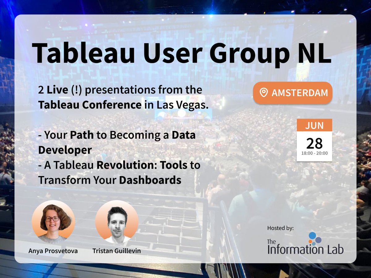 The next <a href="/Tableau/">Tableau</a> User Group in the Netherlands is next Wednesday in Amsterdam 🇳🇱

I'm thrilled to share the stage with <a href="/Anyalitica/">Anya Prosvetova</a>.

We'll repeat our #data23 presentation so it's a great opportunity if you missed it! 

Thanks <a href="/infolabNL/">The Information Lab</a> for hosting 👇
tabsoft.co/3NfRE50