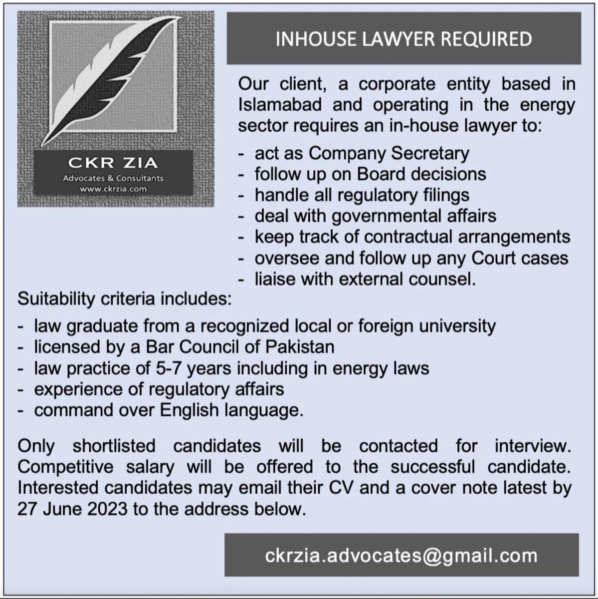 A corporate client based in Islamabad and operating in the energy sector requires an in-house lawyer / company secretary. 

#pakistan #lawyers #legaljob #companysecretary #inhouselawyer #energysector #regulatorycompliance #contracts #courtcase #Vakiltv #job