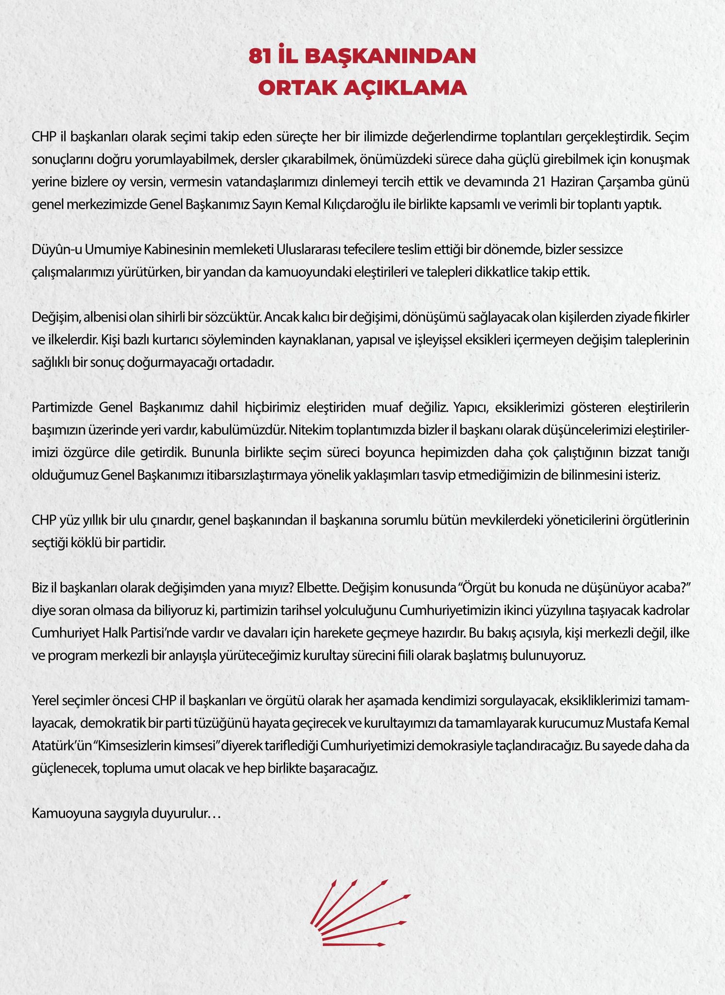 CHP’nin 81 il başkanından ortak açıklama: Kalıcı bir değişimi, dönüşümü sağlayacak olan kişilerden ziyade fikirler ve ilkelerdir