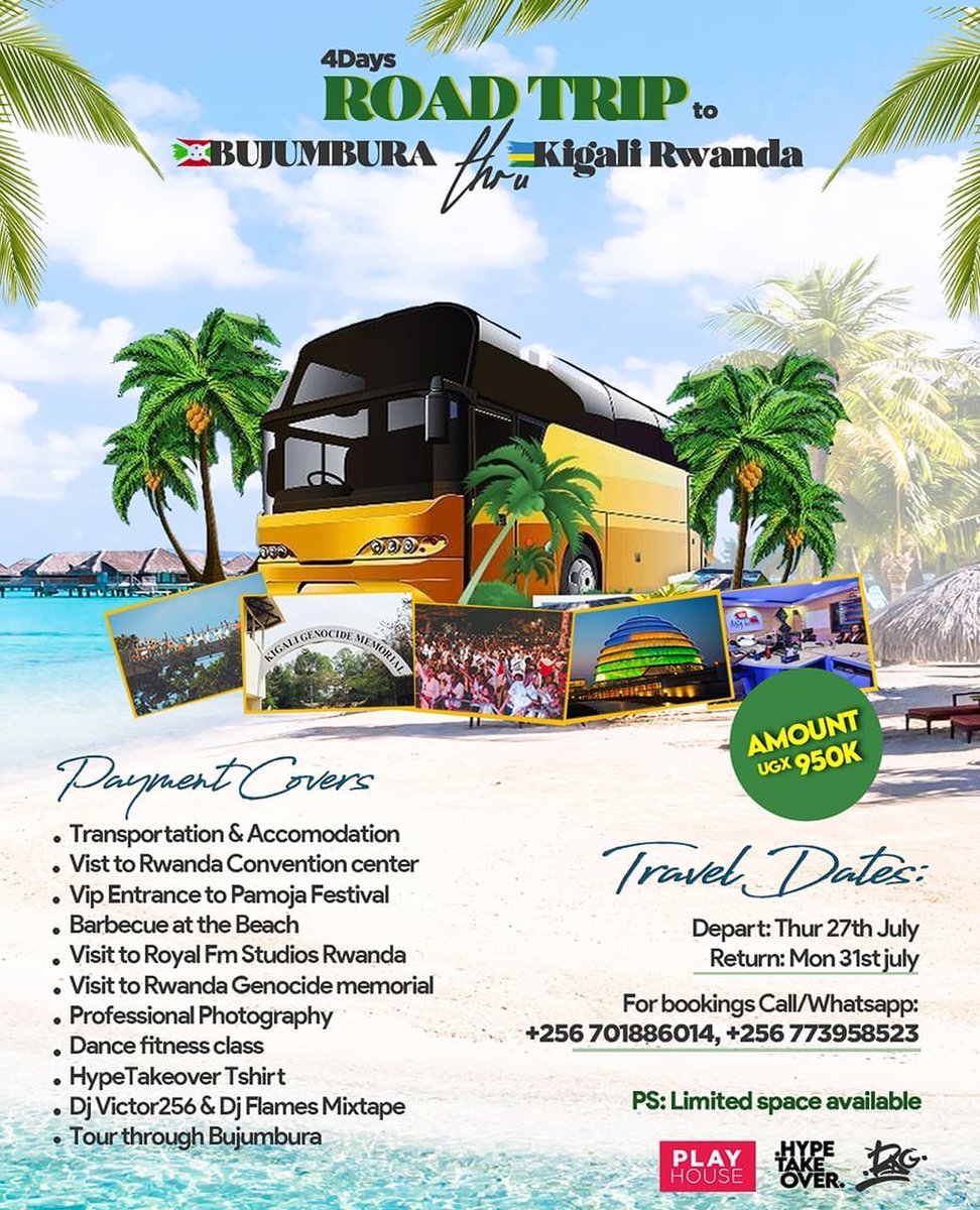 July comes in style with the #HypeTakeOverTour!!  

Tighten your seat belts because it's gonna be a 4days trip Burundi with transportation and accommodation plus a vist to Rwanda Convention center . All these at only 950k . For reservations call +256-773958523.
#PamojaFestival