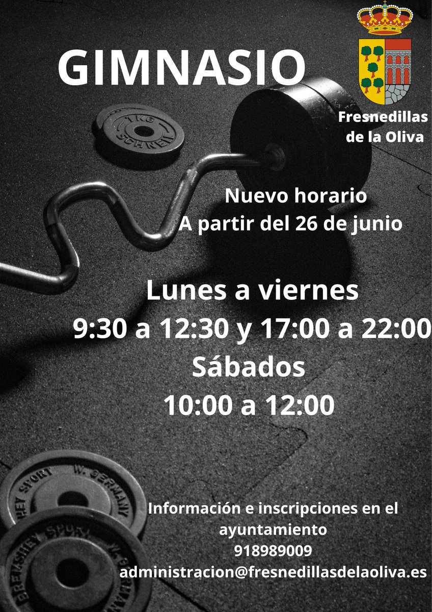 A partir del 26 de junio el horario del gimnasio será de lunes a viernes de 9:30 a 12:30 y de 17:00 a 22:00 y sábados de 10:00 a 12:00.

fresnedillasdelaoliva.es/2023/06/22/cam…