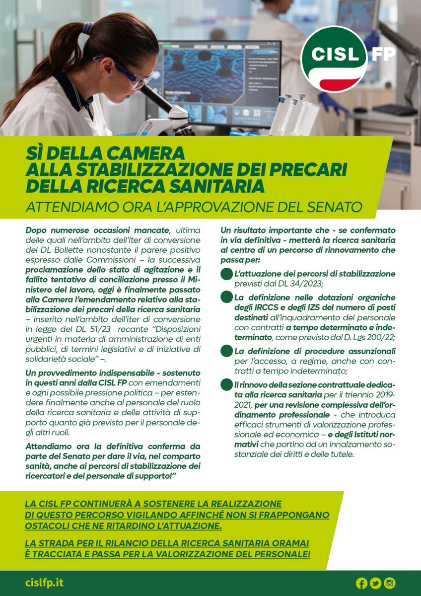 cislfp's tweet photo. 𝗔𝗣𝗣𝗥𝗢𝗩𝗔𝗧𝗢 𝗘𝗠𝗘𝗡𝗗𝗔𝗠𝗘𝗡𝗧𝗢 𝗣𝗘𝗥 𝗦𝗧𝗔𝗕𝗜𝗟𝗜𝗭𝗭𝗔𝗭𝗜𝗢𝗡𝗘 𝗗𝗘𝗟 𝗣𝗘𝗥𝗦𝗢𝗡𝗔𝗟𝗘 𝗗𝗘𝗟𝗟𝗔 𝗥𝗜𝗖𝗘𝗥𝗖𝗔 ✔️ 

Prosegue l’impegno di @cislfp_nazionale per la #ricerca sanitaria pubblica! 

🔗 Il comunicato 👉 https://t.co/p62AWYzyWH https://t.co/Og0h6RfuIE