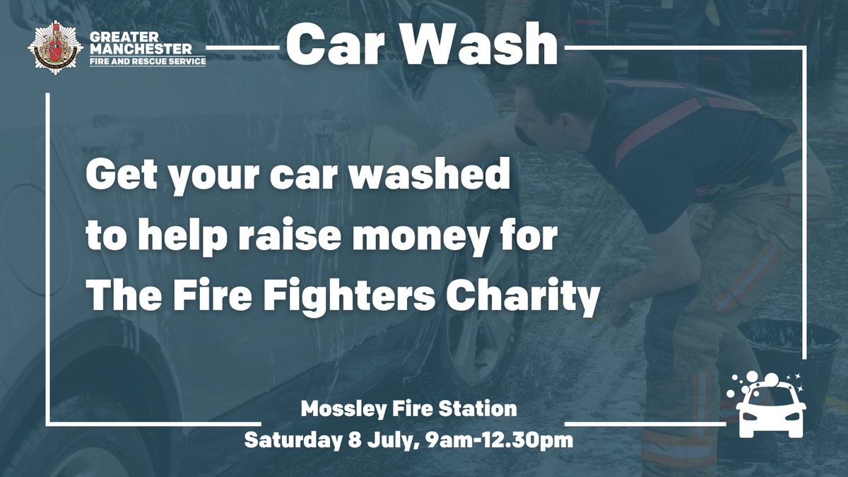Tamesidefire's tweet image. Mossley Fire Station is hosting a charity car wash this Saturday 8 July to raise money for @firefighters999

🧼Come and get your car washed from 9am to 12.30pm!
