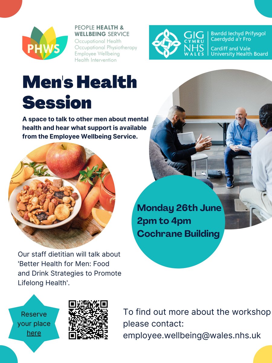 Join us on Monday 26th June for a workshop on Men's Health. Our staff dietitian will talk about 'Better Health for Men: Food and Drink Strategies to Promote Lifelong Health'.